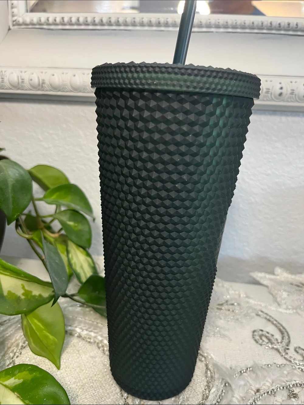 Starbucks Dark Green Studded Cold Cup Tumbler 24 oz NWOT with Straw